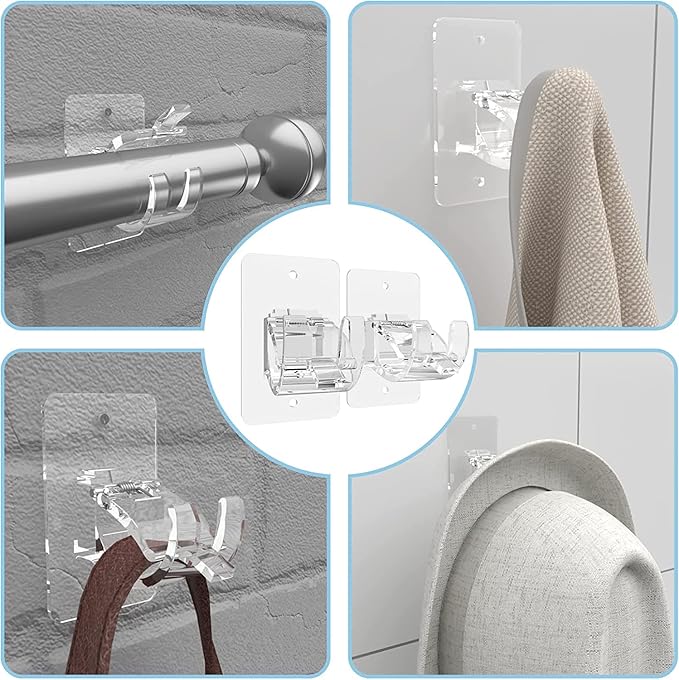 CIEMGNZOC 2PCS No Drill Curtain Brackets, Self-Adhesive Rods, Adjustable Curtain Hooks for Rods Under 1.57 Inch (Transparent)