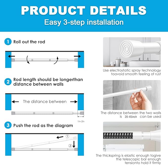 1 Pack Spring Tension Rods 28-45 Inches, 5/8 Inch Diameter White No Drill Spring Loaded Adjustable Extendable, Small Short Tension Curtain Rod for Windows Kitchen Doorway Closet Cupboard