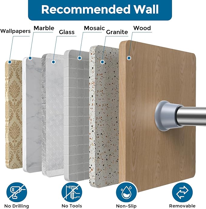 AIZESI Silver Adjustable Tension Curtain Rod, 31-63 Inch Spring No Drill Stainless Steel Shower Rods for Bathroom，Closet ，Window–Rust Resistant，Non-Slip