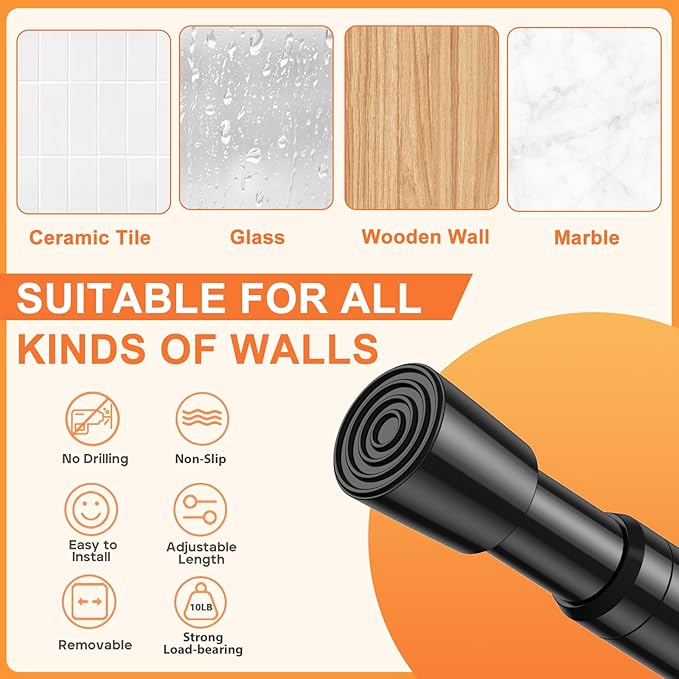 Tension Curtain Rod 26-39 Inch No Drilling Spring Loaded Curtain Rods Adjustable Extendable Tension Rods for Window Closet Bookshelf Kitchen Bathroom, Black