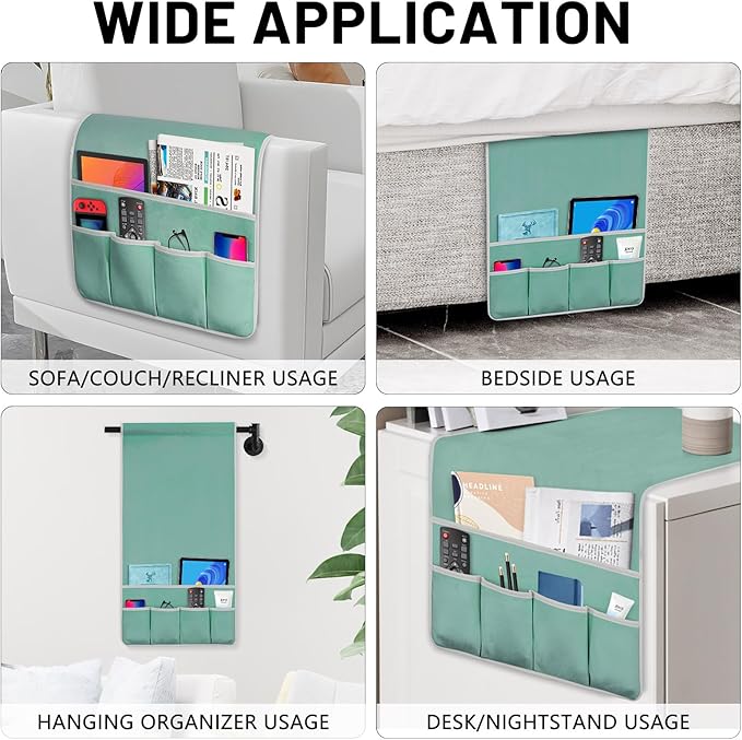 Remote Control Holder for Armchair Caddy, Couch TV Remote Holder for Bed Storage 5 Pockets，Remote Caddy Bedside Organizer Bedside Table Organizer (MintGreen, 35''x18'')