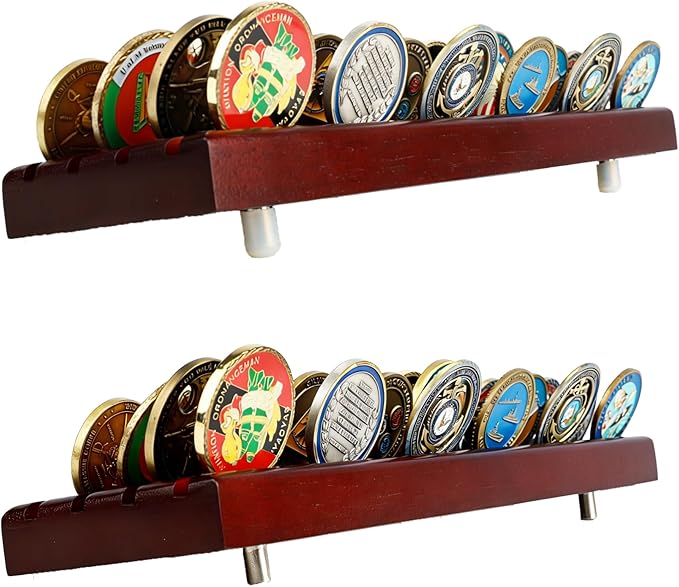 DisplayGifts Challenge Coin Display Stand, 4 Row Wooden Holder Rack Case (Mahogany - Style 2 -4 Rows)