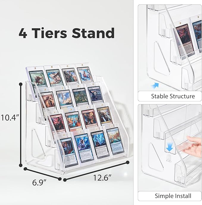 DEEIF 4 Tier Acrylic Trading Card Display Stand, 12" Riser Display Shelf for Magnetic Holders, Toploaders, PSA Graded Cards, TCG Sports Card Collection (1 Pack)
