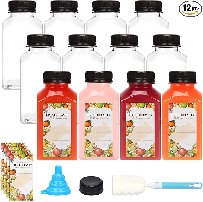 TOMNK 12pcs 10oz Plastic Juice Bottles with Caps Empty Reusable Clear Bottles with Label, Funnel and Brush Beverage Containers Bulk with Lids for Juicing, Smoothies, Fridge