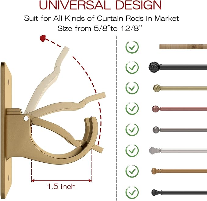 CIEMGNZOC 6PCS No Drill Curtain Rod Brackets, Self-Adhesive Curtain Rods No Drilling, Nail Free Adjustable Curtain Rod Holders, Curtain Hooks for Rod Less Than 1.57 Inch Diameter (Gold)