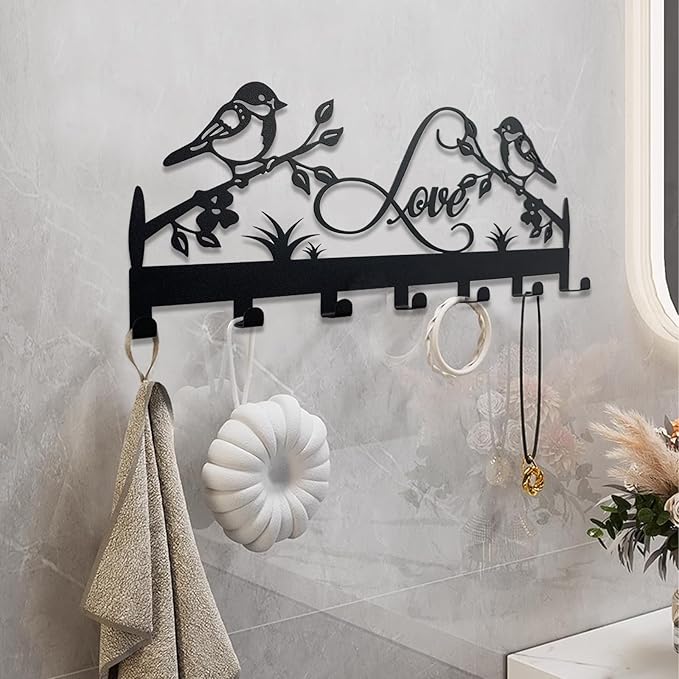 Metal Key Holder, Wall Mounted Key Hooks, Key Holder for Wall, Key Organizer Rack with 7 Hooks, Key Hanger Decor for Kitchen, Entryway, Hallway, Bedroom, Doorway (Birds 12IN)