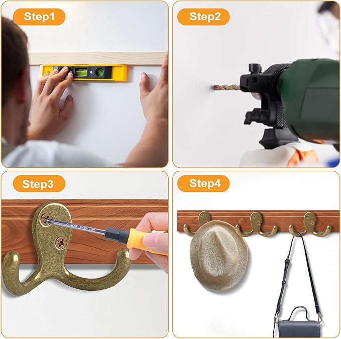 CBWLWJ 10 Pack Coat Hooks Wall Hooks for Hanging, Heavy Duty Double Prong Metal Hook Wall Mounted for Living Room, Bathroom, Kitchen, Bedroom for Coat, Bag, Scarf, Towel, Hat, Key, Cup (Bronze)