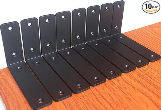 10 Pack - L 6" x H 4" x W1.5, 5mm Thick Black L Shelf Bracket, Iron Shelf Brackets, Metal Shelf Brackets, Floating Shelf, Shelf Supports with Screws