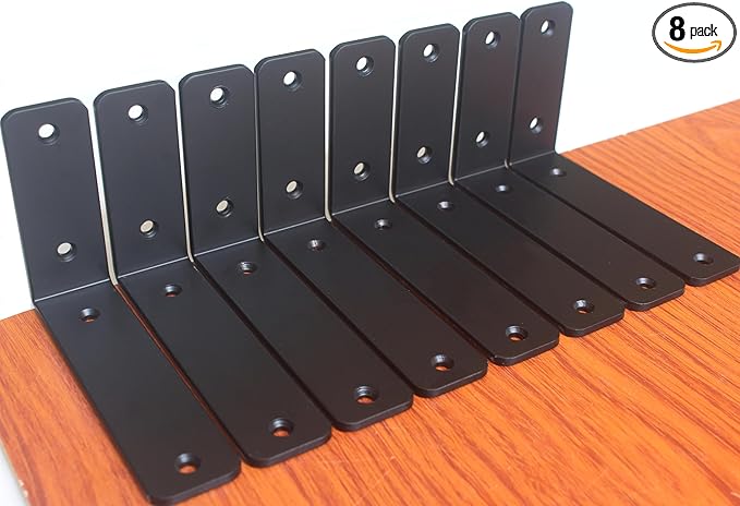 8 Pack - L 6" x H 4" x W1.5, 5mm Thick Black L Shelf Bracket, Iron Shelf Brackets, Metal Shelf Brackets, Floating Shelf, Shelf Supports with Screws