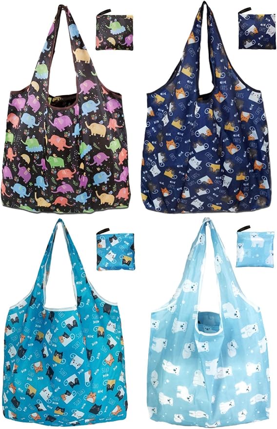 Reusable Grocery Bags, Nylon Tote Bag Gift For Women, Reusable Shopping Bags With Handles, Large Everything Bag Bulk, Foldable And Washable, Cat Pattern