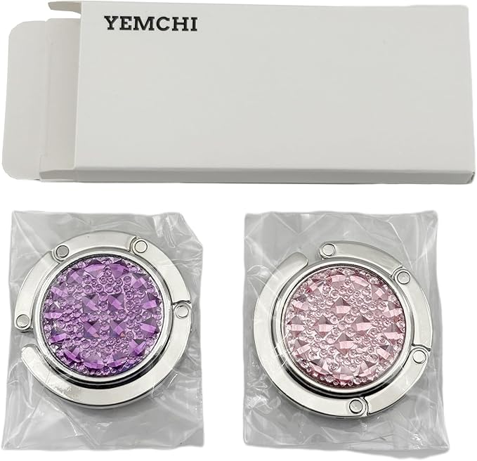 2 Pack Bling Crystal Foldable Purse Hooks for Table & Desk | Women's Handbag Hangers | Anti-Slip & Portable | Perfect for Dining Out & Office Use | Mixed Color (Pink & Purple)