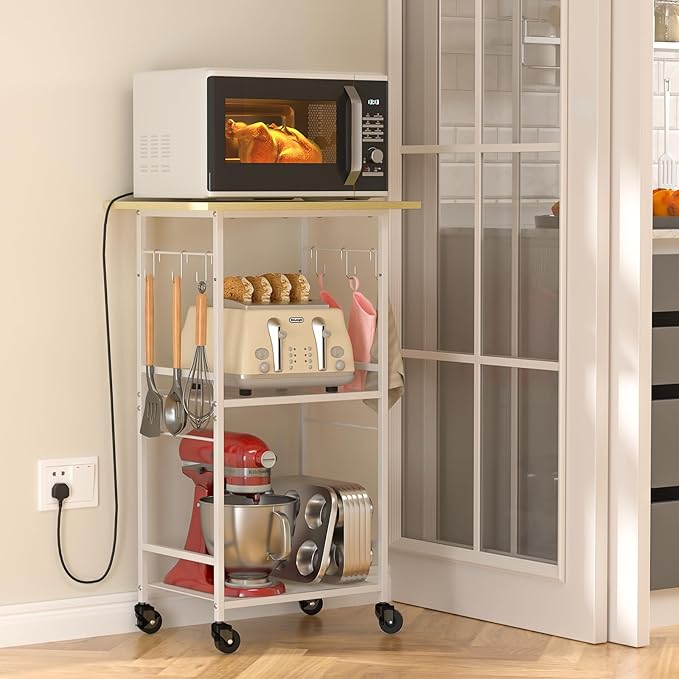 ThreeHio Rolling Kitchen Microwave Cart, 3 Tier Microwave Table Stand with Adjustable Shelf, Kitchen Storage Rack on Wheels, Coffee Station Cart Rack Shelf Organizer for Living Room Office, Balcony