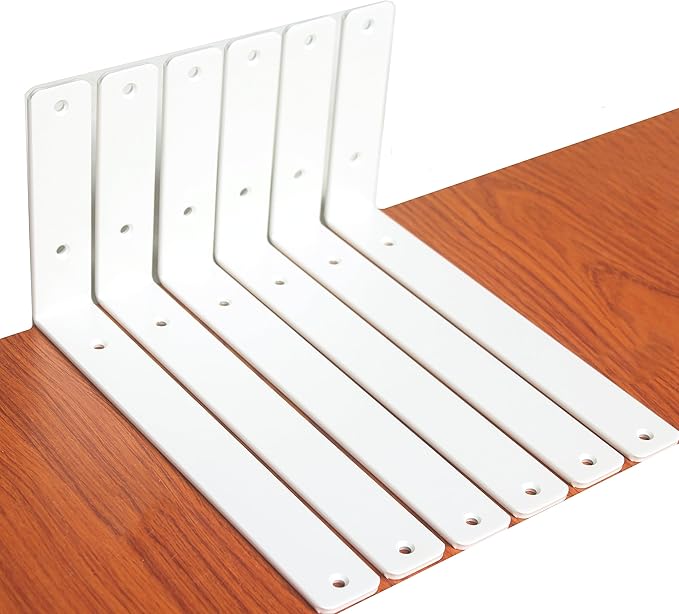 6 Pack - L 10" x H 6" x W1.5, 5mm Thick White L Shelf Bracket, Iron Shelf Brackets, Metal Shelf Brackets, Floating Shelf, Shelf Supports with Screws