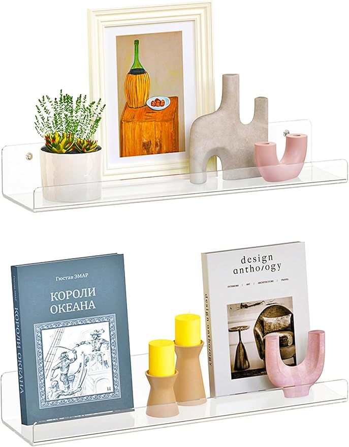 Dooiclear 2 Pack Floating Shelves for Wall, 15" Clear Book Shelf, Acrylic Floating Wall Shelf, Display Shelves Organizer for Bathroom, Classroom, Bedroom, Living Room, Kitchen, Room Decor
