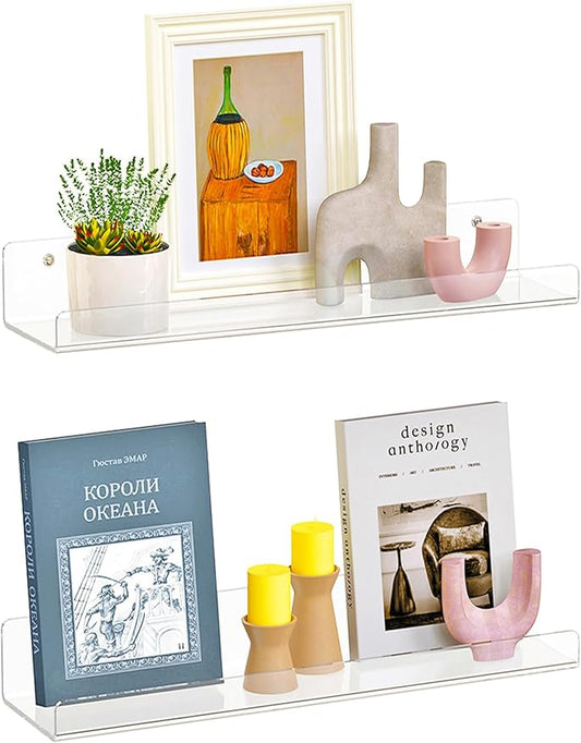 Dooiclear 2 Pack Floating Shelves for Wall, 15" Clear Book Shelf, Acrylic Floating Wall Shelf, Display Shelves Organizer for Bathroom, Classroom, Bedroom, Living Room, Kitchen, Room Decor