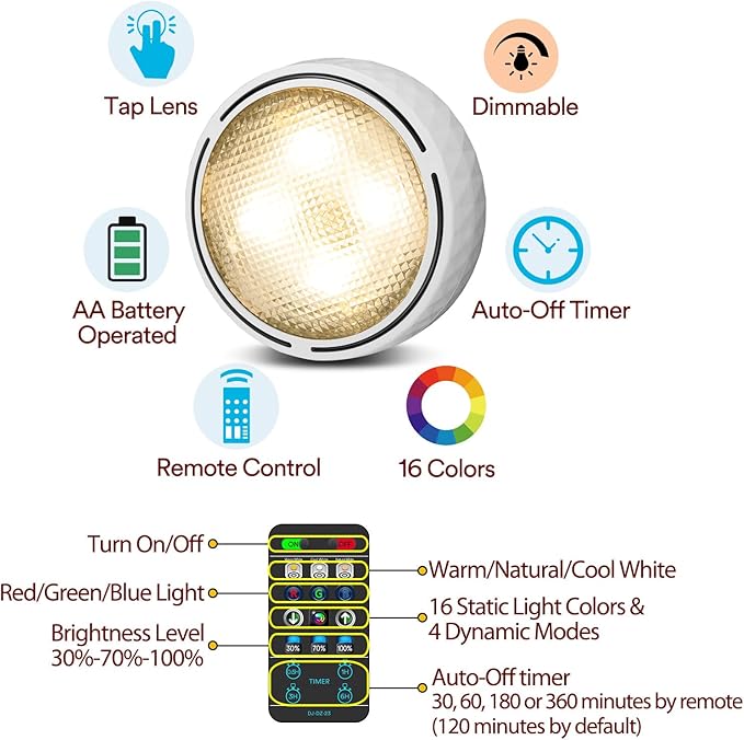 Puck Lights with Remote Control, Battery Operated Wireless Under Cabinet Lighting, Stick on Tap Push Lights for Kitchen, Shelf, 6 Pack - White