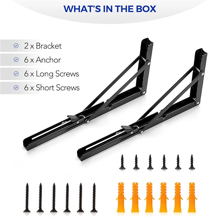 Ravinte 2 Pack 14 Inch Folding Shelf Brackets – Matte Black, Heavy Duty Collapsible Brackets for Tables and Benches – Space-Saving Design