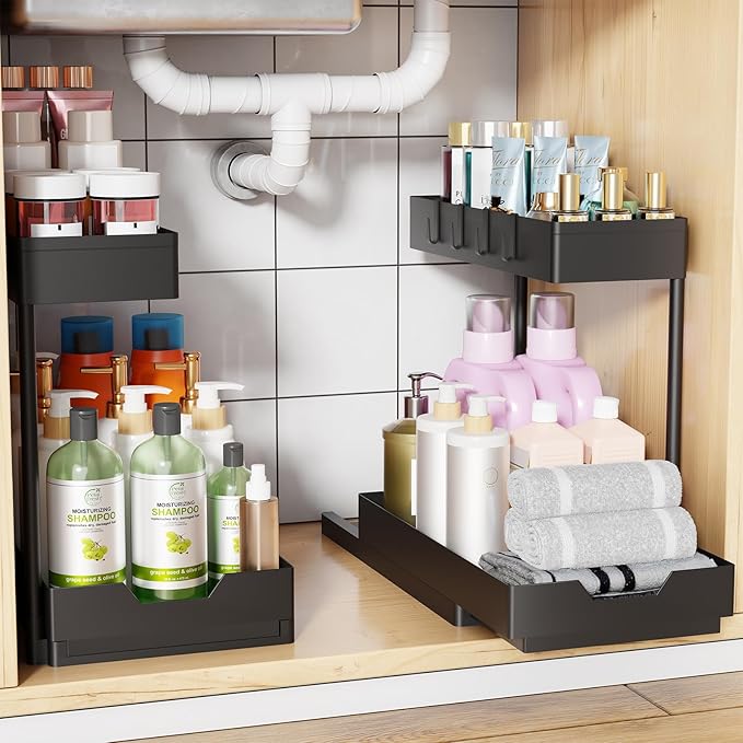 Simple Trending 2 Tier Under Sink Organizers and Storage, Multi-Purpose Pull Out Bathroom Cabinet Organizer, Stackable Kitchen Pantry Organization, Black, 2 Pack