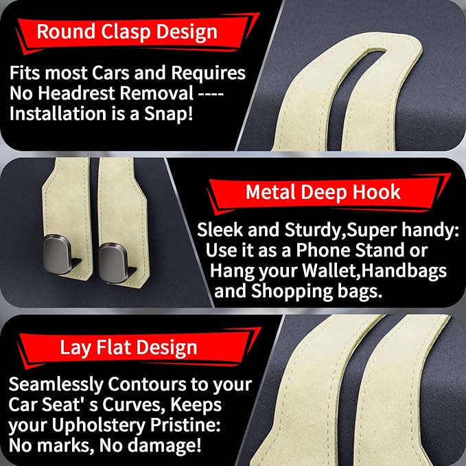 Car Seat Headrest Hooks for Purses and Bags, 2 Pack Bag Purse Holder for Car with Double Metal Hooks, Car Purse Hanger, Headrest Back Seat Handbags Hook Cute Hanging Accessories, Beige