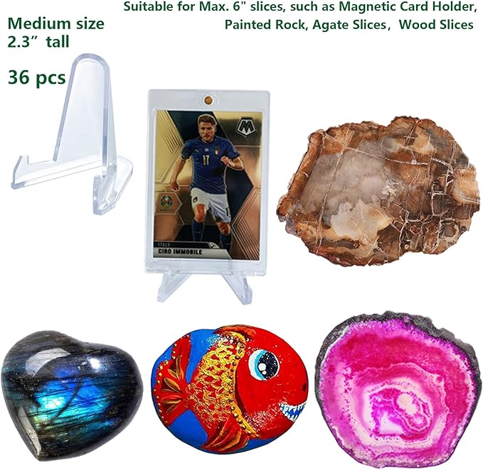 LRANFOW 36 Pack Thickened Card Display Stand Sports Card Holder Small Easel Stand for Challenge Coin Graded Card Sports Card Trading Card PSA Card Baseball Card, 2.3 Inch Tall Clear