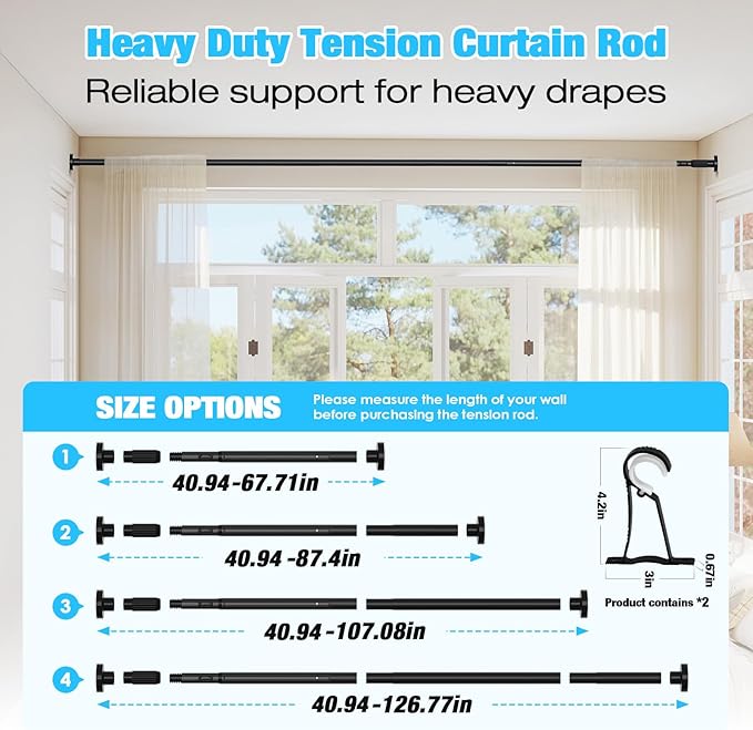 2 Pack Black Tension Curtain Rods for Windows 41-126 Inch Heavy Duty Tension Rod Adjustable Curtain Rods No Drilling for Bathroom Living Room Outdoor Patio Hold Up Blackout Curtains and Non Slip