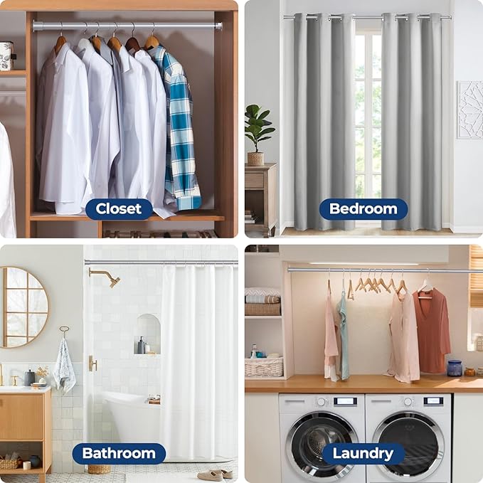 Mavivegue Closet Rod, 17 to 84 Inch Adjustable Closet Rods for Hanging Clothes, Silver Hanging Rod for Closet Wardrobes Laundry RV, Bathroom
