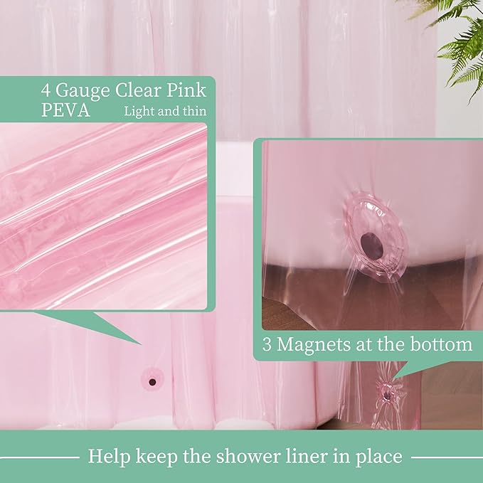 Mrs Awesome Clear Pink Shower Curtain Liner with 3 Magnets, 72x72 Premium Flexible Sturdy Plastic Shower Curtain for Bathroom Lightweight & Waterproof, Clear Pink