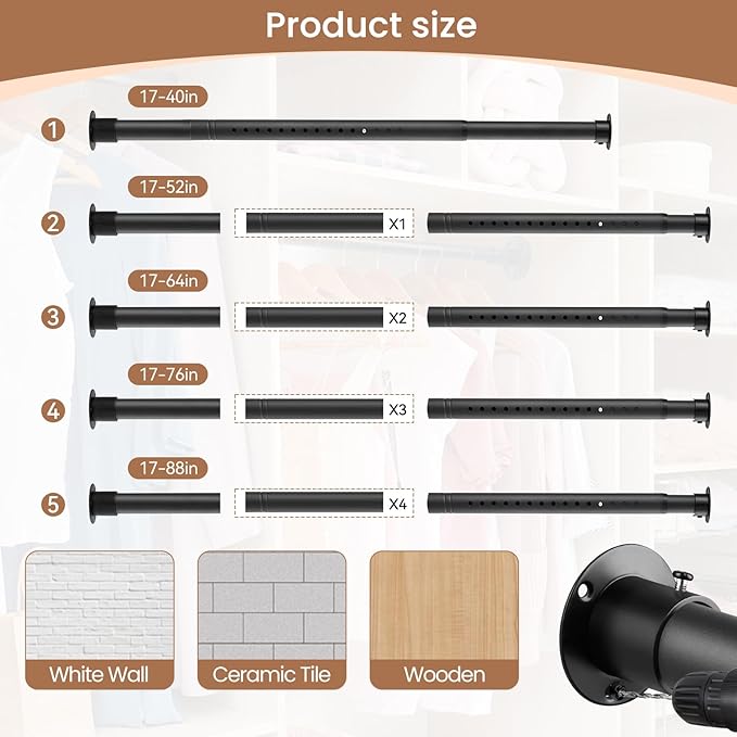 Metal Black Closet Rods for Hanging Clothes, 1.3 Inch Diameter Heavy Duty Closet Rod 17-51 Inch Adjustable Clothes Hanging Bar Shower Curtain Rods for Closet, Wardrobes, Bathroom, Windows