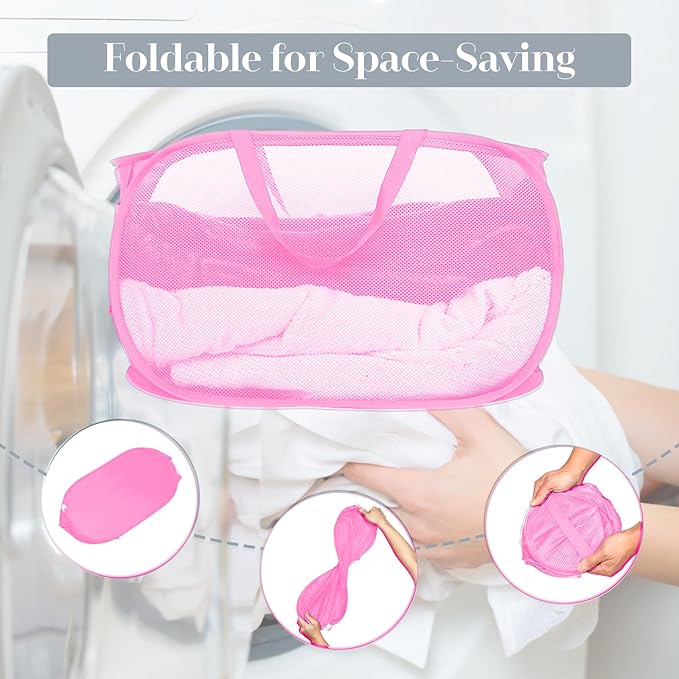 4 Pcs Durable Collapsible Laundry Baskets, Foldable Large Opening Pop Up Laundry Hamper with Pocket, Clothes Hamper with Handles for Laundry, Bathroom, Kids Room, Dorm or Travel Pink