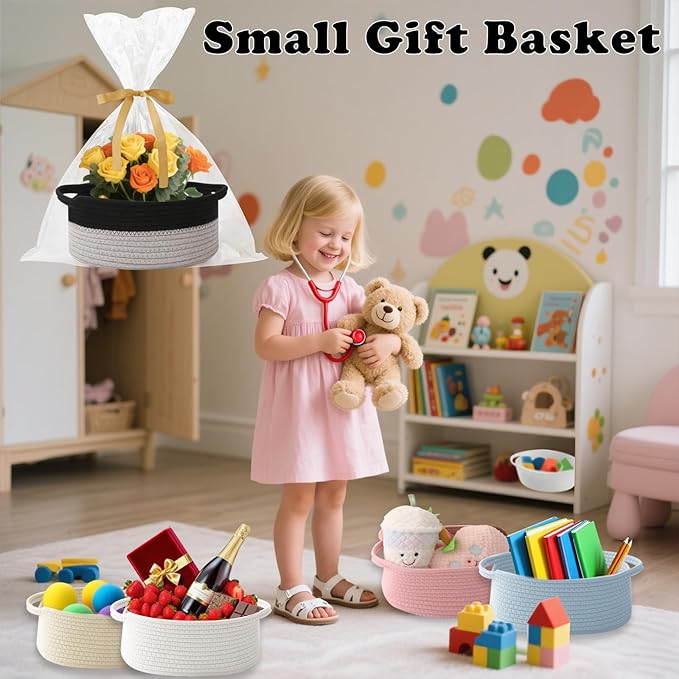 Small Woven Rope Basket-Empty Gifts Basket with Bag and Ribbons,Cute Handle Organizer Box for Birthday/Baby Shower, Toy Storage, Nursery Organizing & Shelf Decor(Black&Grey)