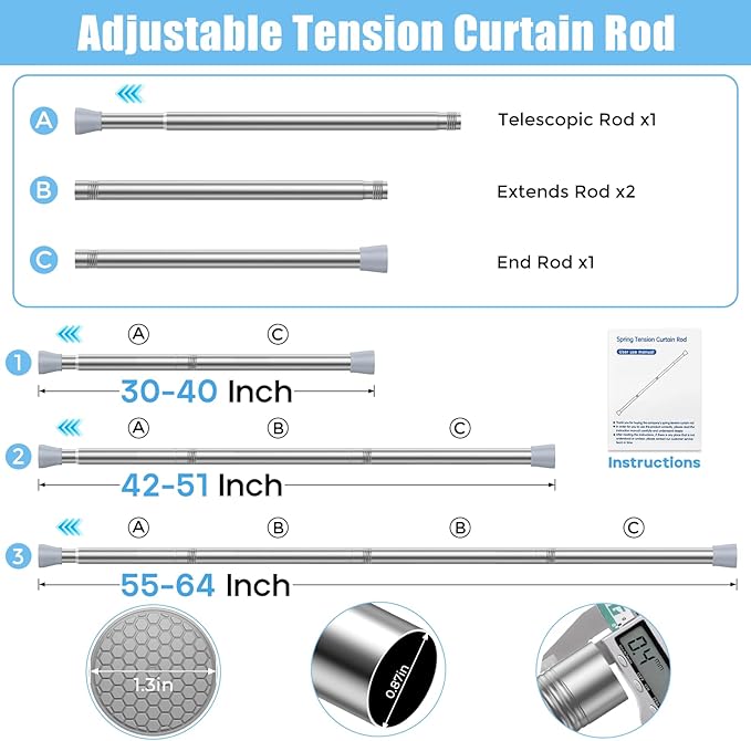 AIZESI Shower Curtain Rod 30-64 Inch Adjustable Curtain Rods Never Rust & Non-Slip Spring Tension Curtain Rods No Drilling Shower Rods for Bathroom Window Kitchen, Silver