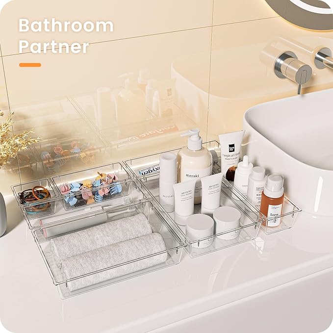 【28pcs】 【5size】 Drawer Organizer, Makeup organizer, 【Holds 177 Items】 Bathroom Organizers and Storage, Plastic Desk Organizer Divider, Organizer Bins(5size)(Transparent) A-LuGei