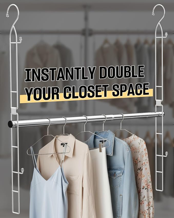 Hanging Closet Rod Stainless Steel, 2 Pack Adjustable Height & Width Closet Rod Extender, Space-Saving Closet Hanging Storage Organizer，Load up to 88LB