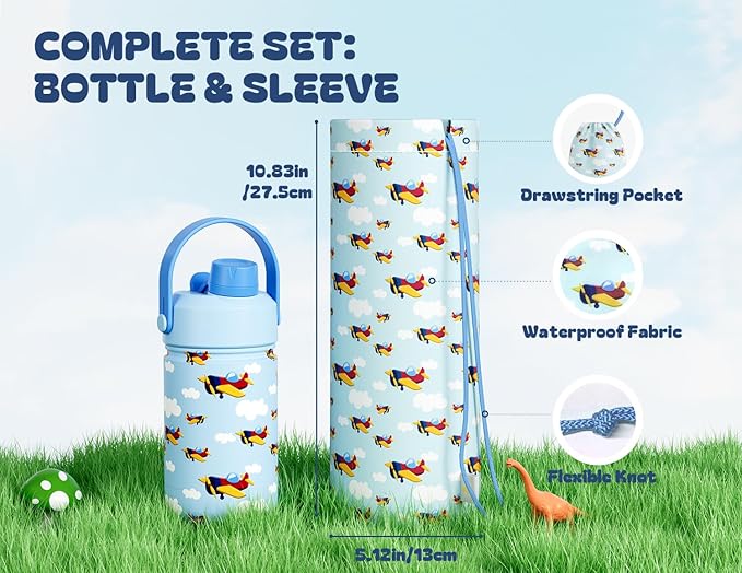 12 oz Kids Stainless Steel Water Bottle: 2-in-1 Straw Spout Lid, Leakproof, BPA-Free, Easy Clean, Keep Cold 24H, Cute Patterns, Stainless Steel Cup for School, Travel, Playtime, Gift (Cloud Cruiser)