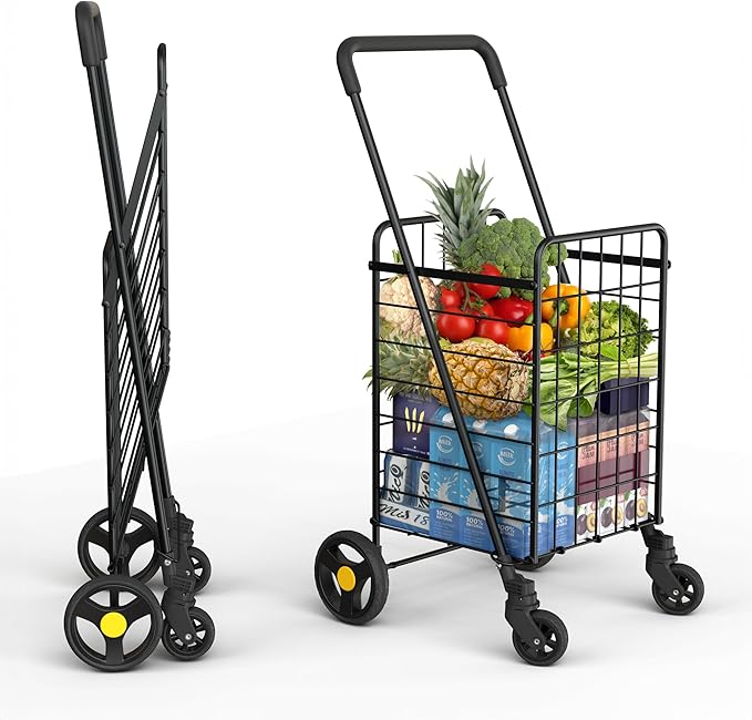 Our Modern Space Shopping Cart & 360° Swivel Wheels | Foldable Collapsible & Lightweight | Perfect for Groceries Laundry Utility Cart - Black