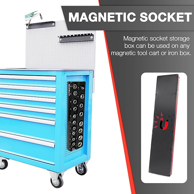 EACELIY 1/2" Magnetic Socket Organizer Set, 2-Piece SAE & Metric Socket Holder Kit,，Tools tray， holds 35 Deep and Shallow 1/2" Sockets, attaches to steel box/tool cart (sockets not included)