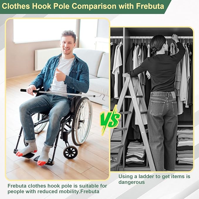 Clothing Hook Pole,51 Inch Closet Pole Reach with Hook Stainless Steel Sponge Handle Length Clothes Hook Pole Get Clothes From High Places Be Used Shutters Ceiling