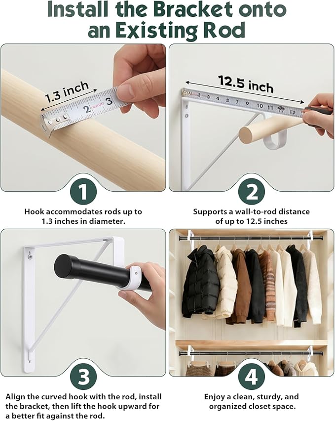 Supforce 2 Pack Closet Rod Bracket, Heavy Duty Closet Rod Support with Rod Holder, Wall Mounted Closet Shelf Brackets with Triangle Stabilizing Design for Closet, Bathroom and Kitchen, White