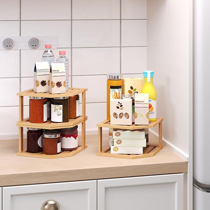 Bamboo Corner Shelf(3 Pack),2 Tier Plate Organizer for Cabinet and Countertop,Pantry Dish and Spice Rack for Kitchen