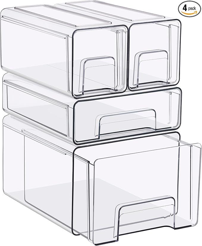 Sorbus Clear Stackable Storage Drawers, 4-Piece Set 1 Large, 1 Medium & 2 Small Pull-Out Plastic Organizer Bins with Handles for Bathroom, Closet, Pantry, Cabinet & Medicine Storage