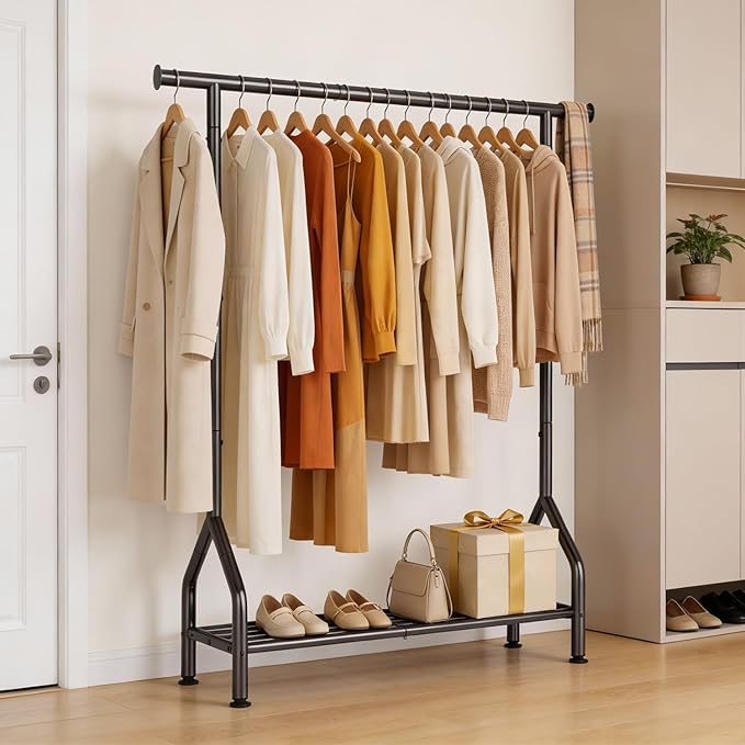 EAGMAK Sturdy Clothing Racks with Shelf, Metal Clothes Rack with Leveling Feet for Hanging Clothes, Freestanding Garment Coat Rack for Bedroom, Apartment & Small Spaces, Black