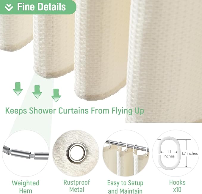Dynamene Stall Fabric Shower Curtain - 54 inch Wide Waffle Weave Weighted Thick Cloth Shower Curtains for Bathroom, Heavy Duty Hotel Spa Luxury Bath Curtain Set with 10 Hooks, 54x72, Cream/Ivory