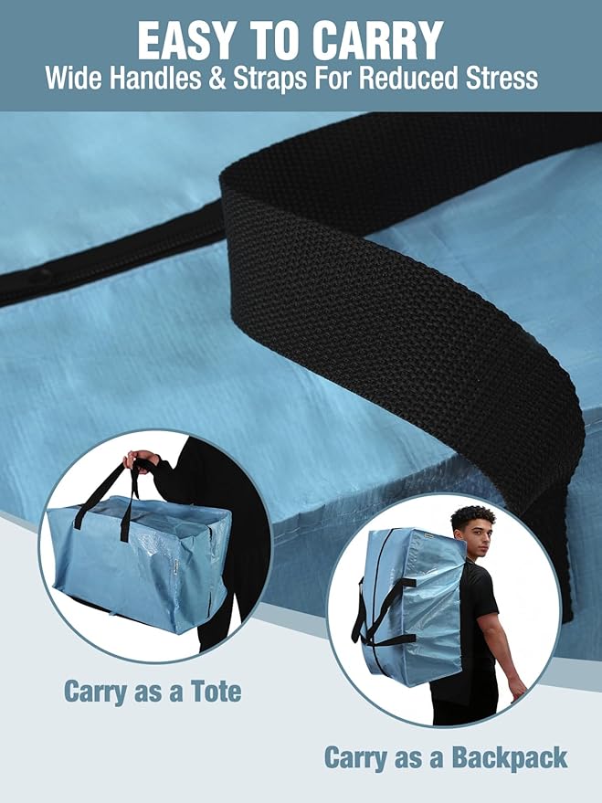 WORKPRO 2 Pack Extra Large Moving Bags with Zippers & Carrying Handles Backpack Straps, Heavy-Duty Storage Tote for Space Saving & Storage, Alternative to Moving Box (Dusty Blue)