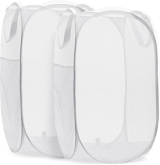 Handy Laundry Collapsible Mesh Pop Up Laundry Hamper 2-Pack, Wide Opening, Side Pocket, Space-Saving Foldable Basket for Clothes, Travel, Dorm, Kids Room, Breathable & Durable (White)