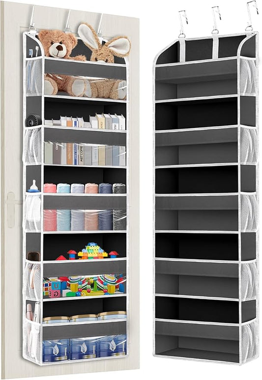 1 Pack Over The Door Organizer Storage, Hanging Organizer Closet with 5 Large Pockets 10 Mesh Pockets, 44 lbs Weight Capacity, Behind Door Storage for Nursery Bedroom Bathroom (Dark Grey)
