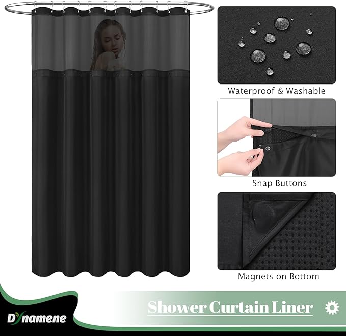 Dynamene Fabric Shower Curtain with Snap in Liner, Black Waffle Hotel Shower Curtains for Bathroom, Washable Waterproof Cloth Shower Curtain Liner Set with Plastic Hooks, Mesh Top Window, 72x72