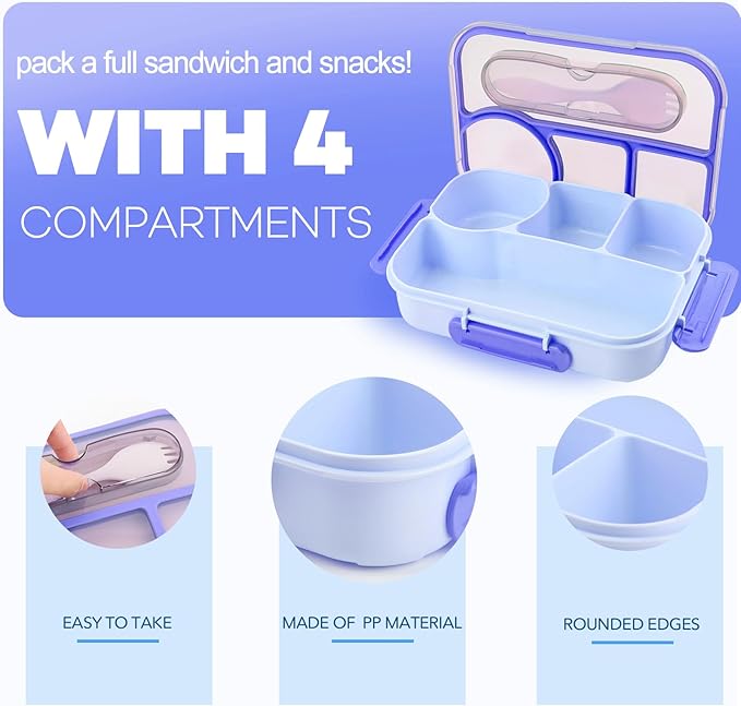 Bento Box for Adults,4 Compartments Lunch Box, Snack Containers Reusable Lunch Containers Drop-Proof, Dishwasher Safe & Made with BPA-Free Materials, Blue
