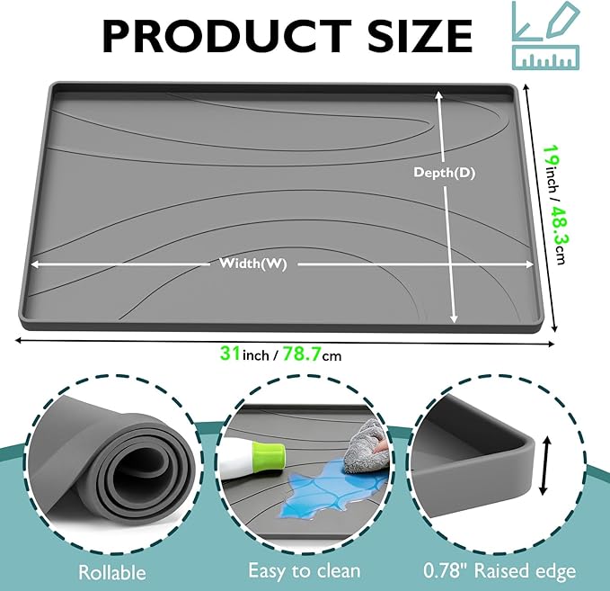Under Sink Mat 31" x 19", Silicone Under Sink Liner for Kitchen and Bathroom, Waterproof Cabinet Protector Drip Tray, Protects Cabinets from Leaks and Spills