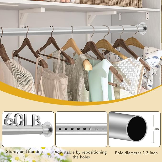 Closet Rod, 17 to 110 Inch Stainless Steel Adjustable Closet Rod,1.3 Inch Diameter Heavy Duty Closet Rods for Hanging Clothes,Silver Closet Poles for Wardrobes