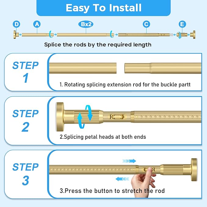 AIZESI 41-100 Inch Heavy Duty Gold Tension Curtain Rod - No Drilling, Adjustable, Rust-Proof for Outdoor, Living Room, Bathroom